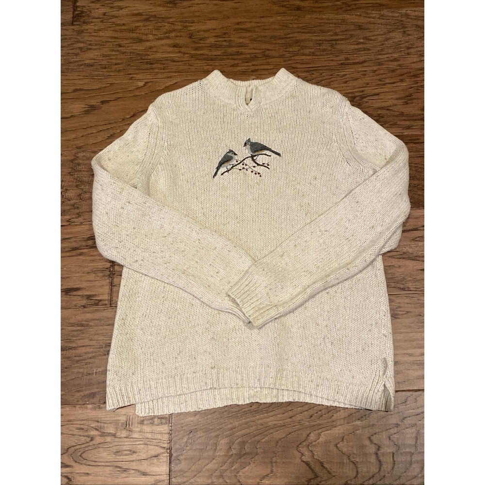 WOOLRICH Cream colored VINTAGE‎ Women's Bird Sweater Size Medium Tufted Titmouse